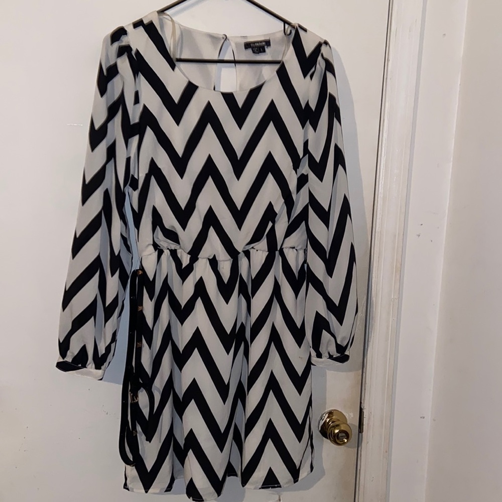 Black and white chevron print dress with black stud belt